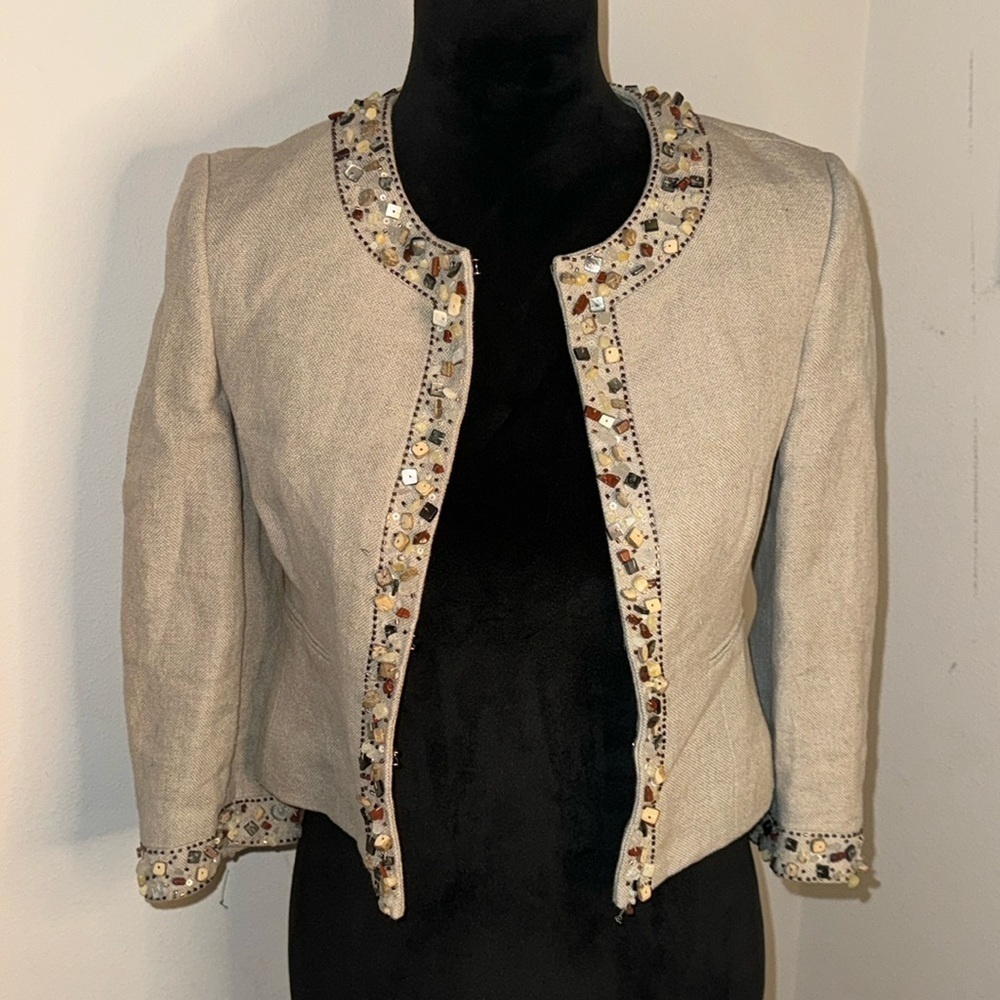 BCBGMAXAZRIA 100% Linen beaded trim cropped blazer Gemma jacket Sz XXS